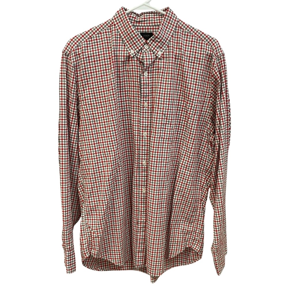 J. Crew Mens Button Down Shirt Checkered Plaid Long Sleeve Red Gray L